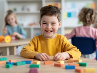 Group of children with autism participating in a structured play activity, special needs social skills, guided interaction