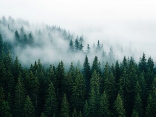 Obraz premium Morning mist rolling through a dense forest, foggy weather, mysterious ambiance