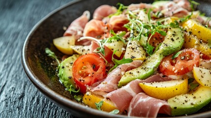 Brazilian national cuisine: Ham, avocado and pear salad.
