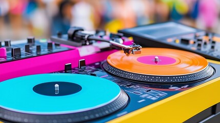 A colorful turntable with a blue and orange record on it. The turntable is on a table with other turntables. A DJ set with a colorful flower arrangement on the table.