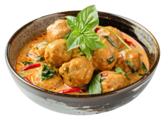 PNG Thai turkey meatball in coconut curry food food presentation.