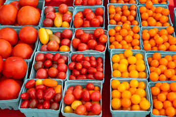 different color of cherry tomato in containers in farmer’s market