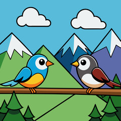 Mountain Perch Vector Illustration of Two Birds on a Branch