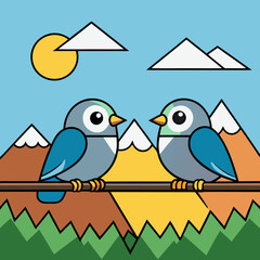 Mountain Perch Vector Illustration of Two Birds on a Branch