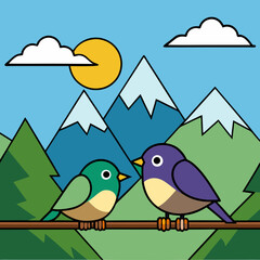 Mountain Perch Vector Illustration of Two Birds on a Branch