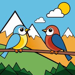 Mountain Perch Vector Illustration of Two Birds on a Branch