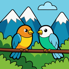 Mountain Perch Vector Illustration of Two Birds on a Branch