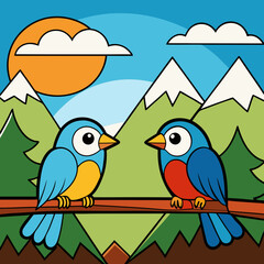 Mountain Perch Vector Illustration of Two Birds on a Branch