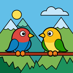 Mountain Perch Vector Illustration of Two Birds on a Branch