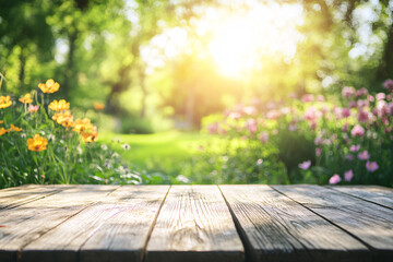 A wooden table in a sunny garden surrounded by flowers and greenery creating a bright and peaceful outdoor setting