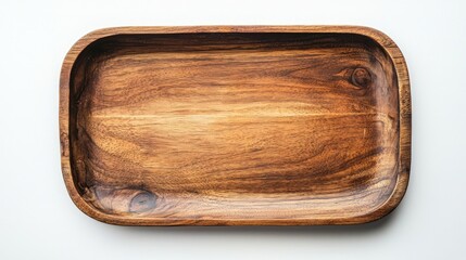 Isolated wooden tray on white, top view for mockup designs.