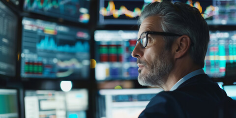Fototapeta premium Businessman with monitors, trading charts, making crucial decisions, senior professional 