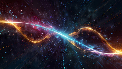 Naklejka premium An abstract digital illustration representing positive and negative ions in a cosmic field, with vibrant electric arcs and glowing particles, creating a sense of energy flow and balance
