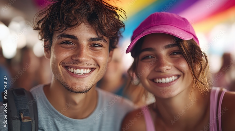 Wall mural a joyful young man and woman smile brightly, with a colorful rainbow flag in the background, symboli