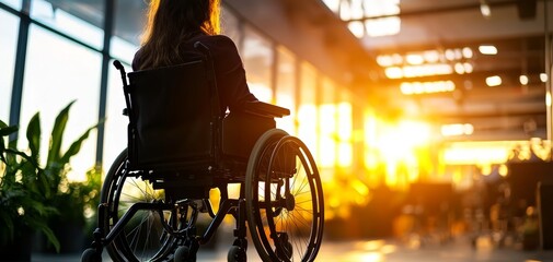 Businesswoman using a wheelchair in a modern, open office space, promoting inclusivity, accessibility, and equality in the workplace