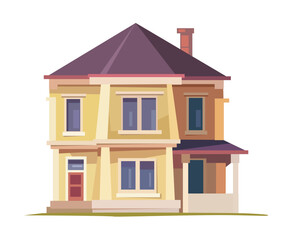 stylized house flat vector illustration of a yellow house with a red door and brown roof the house features multiple windows a front porch and chimney vibrant colors and simple shapes