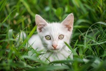 Obraz premium White kitten in the green field