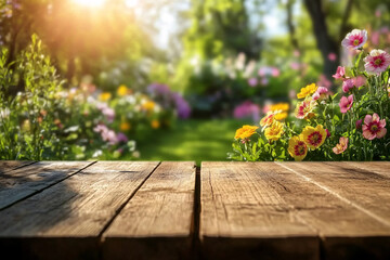 wooden deck sits in the foreground with colorful flowers and lush greenery in the background illuminated by soft sunlight creating a tranquil garden setting