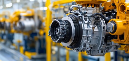 Obraz premium Detailed view of a car engine assembly line in a modern automotive factory, showcasing precision engineering and advanced machinery