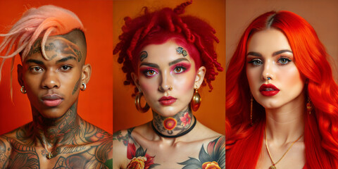 Fototapeta premium Collage of young multiethnic people with tattoo, piercing and colorful hairs on red background