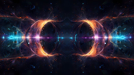 Obraz premium An abstract digital illustration representing positive and negative ions in a cosmic field, with vibrant electric arcs and glowing particles, creating a sense of energy flow and balance