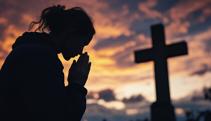 Woman praying on her knees, christian cross in background. Only silhouette visible against sunset coloured sky. Generative AI