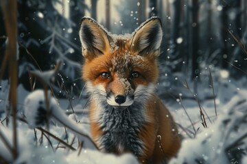 Obraz premium little baby fox in a winter forest