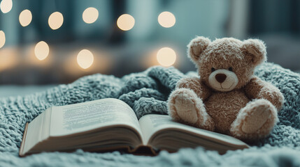 teddy bear reading a book on the bed