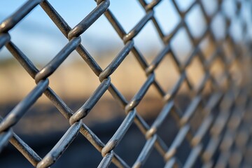 Fototapeta premium A detailed close-up image of a metal chain link fence, showcasing the texture and metallic resilience under the sun.