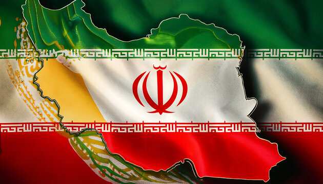 The image features the flag of Iran, with its green, white, and red stripes, overlaid on the country's map, symbolizing the Islamic Republic and its national identity.