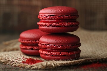 Three vibrant red velvet macarons stacked on a rustic background, highlighting their rich color and delicate texture.