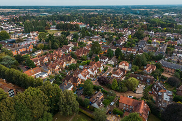 Aerial drone shot over the town of Bishops Stortford in England