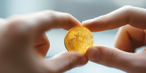Hand holding gold bitcoin, trading, finance