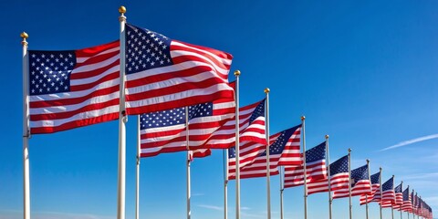 American Flags in a Row, Blue Sky, Flag Day, USA, National Symbol, Patriotic
