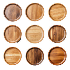 Fototapeta premium Wooden Serving Plates Collection, elegant wooden dishes arranged on a clean background, showcasing versatile designs for serving food and desserts in style.