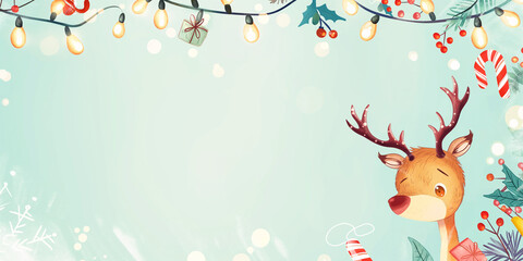 Cute reindeer with Christmas lights and treats, pastel background, text-friendly
