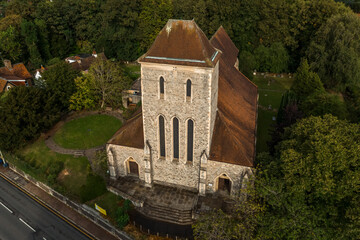 Aerial drone shot of All Saints Church in Bishops Stortford in England