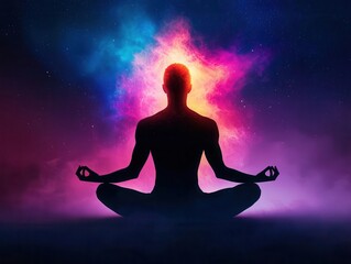 A person meditating with a glowing prebiotic aura around their body, surreal, light trails, glowing colors