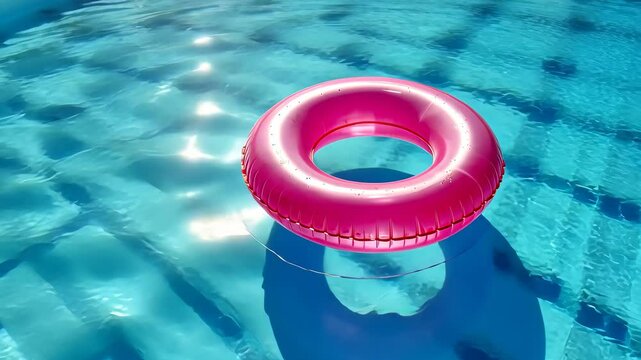 Inflatable pink pool ring floating in clear blue water, summer relaxation concept