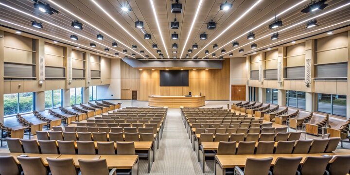 Auditorium Interior with Rows of Seats and Wooden Paneling, conference , meeting , auditorium , lecture hall