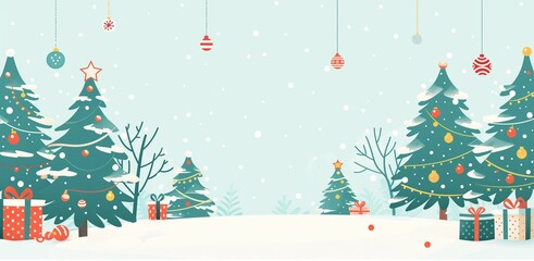 Cute Christmas background with cartoon trees, ornaments, and gifts, light blue backdrop

