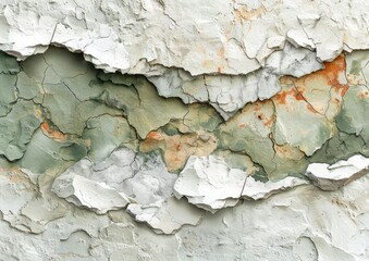 Cracked and peeling paint on a wall, revealing layers of green and white