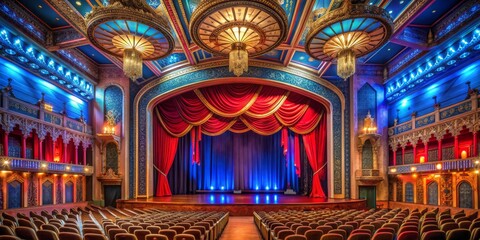 Obraz premium Awaiting the Show Ornate Theater Interior with Red Curtains and Empty Seats , Theater, Stage, Auditorium, Performance