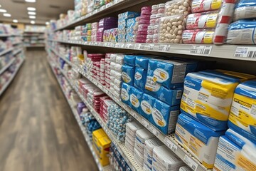 Fototapeta premium A well-stocked aisle features various medications and health products
