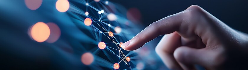 Hand touching a digital network, representing technology and innovation in communication and data transfer with glowing nodes and connections.