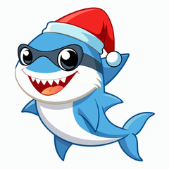 Playful Christmas Baby Shark in Santa Hat & Sunglasses – Vector Clipart on White Background