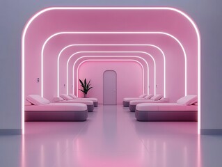 A futuristic wellness center offering prebiotic treatments, digital art, sleek design, neon lights