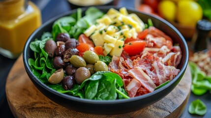 National cuisine of Brazil: Salad with spinach and olives.
