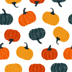 Seamless vector pattern with colored pumpkins on white background. Bright autumn design