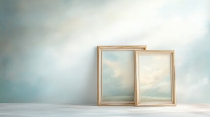 Two wooden framed pictures of clouds on a wall